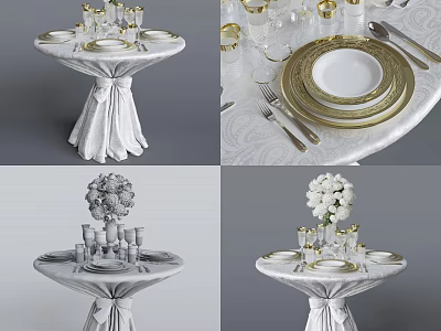 Elegant Dinnerware Set with Gold Rimmed Plates Glassware and Floral Decor on White Tablecloth 3d model