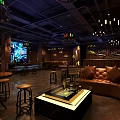 Industrial Style Bar Interior With Brick Walls Brown Sofas Chandeliers And TV Screen