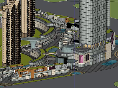 Modern Commercial Street with High Rise Buildings Pedestrian Walkways and Green Areas 3d model