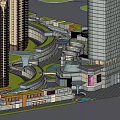 Modern Commercial Street with High Rise Buildings Pedestrian Walkways and Green Areas