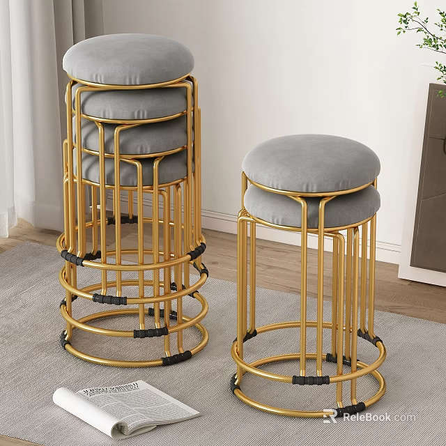 Modern Stackable Stools With Golden Metal Frame And Gray Cushions For Home Decor 3d model 