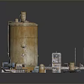 Industrial Equipment Parts Including Rusty Yellow Tank Pipes Metal Frame And Tools