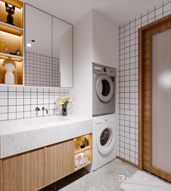 Modern Bathroom Interior With White Tiled Walls Stacked Washer Dryer Wooden Cabinets And Vanity Sink 3d model 