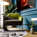 Modern Interior With Green Single Sofa Blue Wall Painting Floor Lamp And Plants