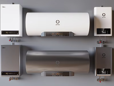 Modern Kitchen Appliances Featuring White And Silver Water Heaters With Digital Controls 3d model