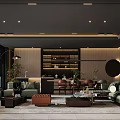 Dark Modern Dining and Living Room Interior With Dining Table Chairs Counter Shelves and Lighting