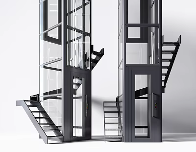 Modern Glass Elevator Structure With Adjacent Stairs And Transparent Walls 3d model