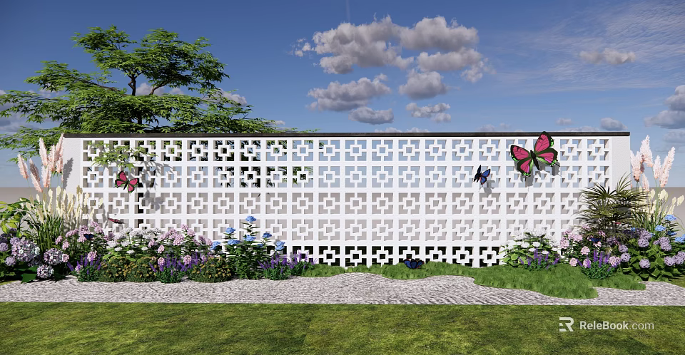 Perforated Decorative Wall with Butterfly Decorations and Flower Plants on Green Lawn Under Blue Sky 3d model 