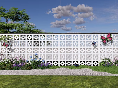 Perforated Decorative Wall with Butterfly Decorations and Flower Plants on Green Lawn Under Blue Sky 3d model