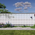 Perforated Decorative Wall with Butterfly Decorations and Flower Plants on Green Lawn Under Blue Sky
