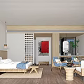 Hotel Guest Room Interior With Wooden Partition Red Painting Bed Sofa And Round Mirror