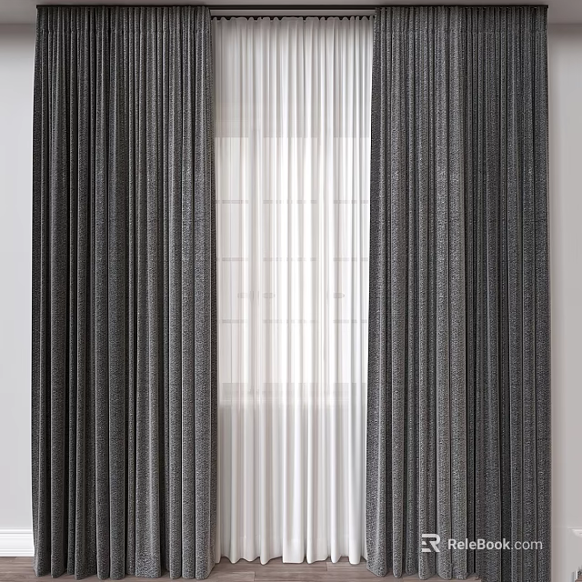 Elegant Textured Dark Curtains With White Sheer Panels For Home Window Decoration 3d model 