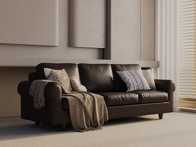 Three-Seater Black Leather Sofa with Decorative Pillows and Throw Blanket in Modern Minimalist Interior 3d model