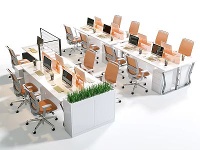 Ergonomic Office Chairs In Modern Workspace With Desks Computers And Green Plants 3d model