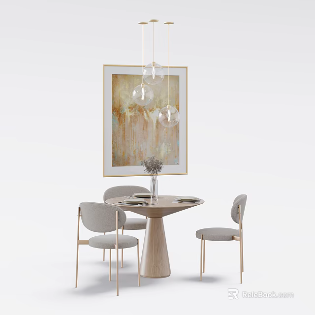 Modern Round Dining Table Set With Light Grey Chairs And Hanging Lamps 3d model