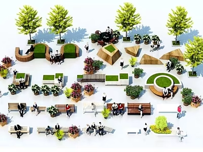 Garden Landscape Design With Trees Benches Green Plants Geometric Shapes And Leisure Areas 3d model