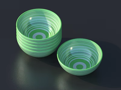 Green Striped Dinnerware Set With Circular Patterns And Stacked Bowls Of Various Sizes 3d model