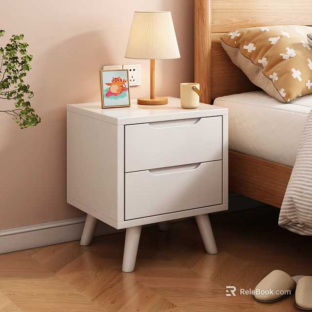 White Bedside Table with Two Drawers Wooden Lamp Candle and Photo Frame 3d model 