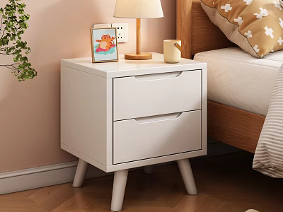 White Bedside Table with Two Drawers Wooden Lamp Candle and Photo Frame 3d model