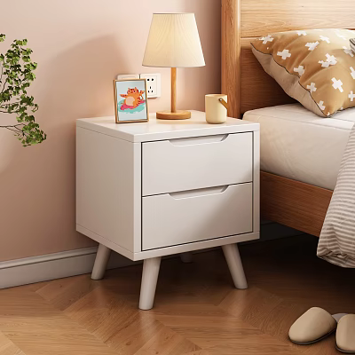 White Bedside Table with Two Drawers Wooden Lamp Candle and Photo Frame 3d model