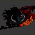 Woman With Long Hair Horns And Red Wings Holding Flaming Weapon In Red Black Outfit
