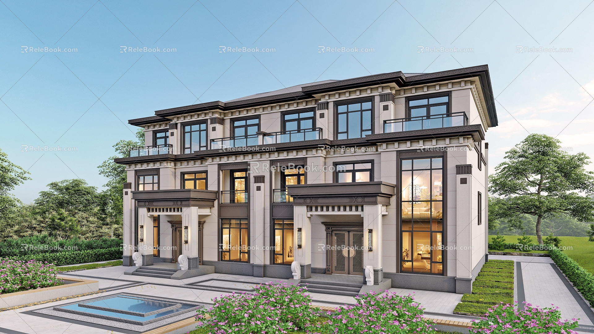 New Chinese style double-family villa 3d model