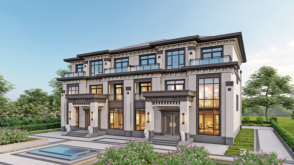 Modern Two Story Detached Villa With Large Windows Balconies Courtyard And Swimming Pool 3d model 