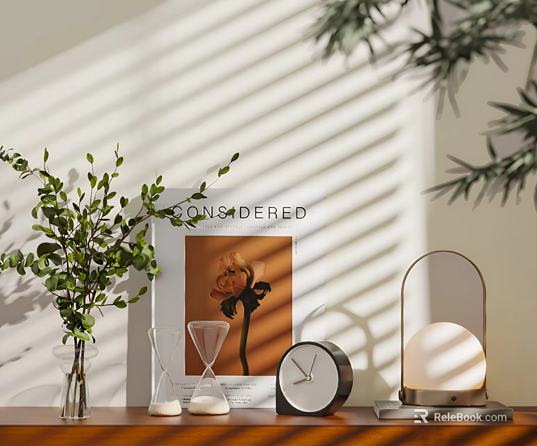 Modern Decorative Ornament Set with Green Plant Print Hourglass Clock Table Lamp and Light Shadow 3d model 