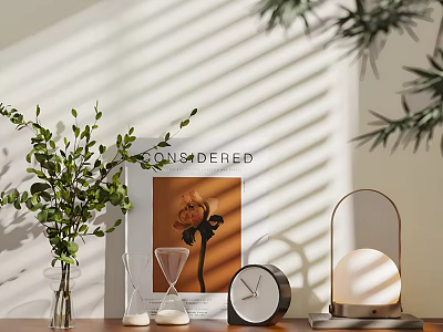 Modern Decorative Ornament Set with Green Plant Print Hourglass Clock Table Lamp and Light Shadow 3d model