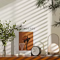 Modern Decorative Ornament Set with Green Plant Print Hourglass Clock Table Lamp and Light Shadow