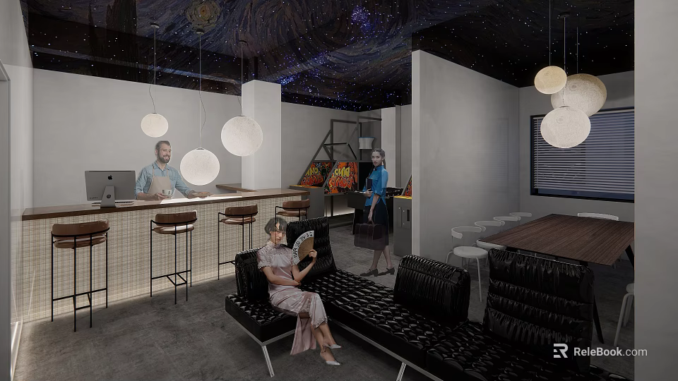 Hotel Guest Room Modern Lounge Area With Bar Counter Black Leather Sofas And Starry Ceiling 3d model 