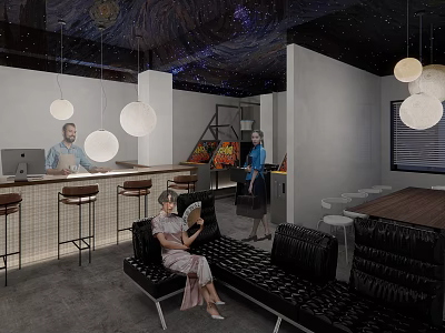 Hotel Guest Room Modern Lounge Area With Bar Counter Black Leather Sofas And Starry Ceiling 3d model