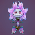 Cartoon Flower Creature with Pink Purple Petals Spiral Red Eyes Green Stem and Colorful Leaves