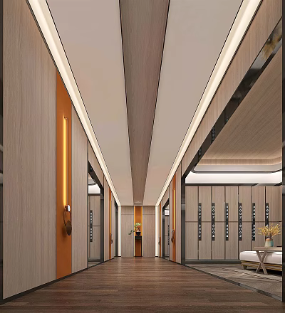 Elegant Modern Hotel Corridor with Wooden Walls Recessed Lighting and Guest Room Doors 3d model
