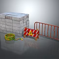 Gray Brick Pile Orange Barrier Warning Sign And Colored Cable Setup 3d model