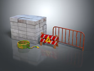 Gray Brick Pile Orange Barrier Warning Sign And Colored Cable Setup 3d model