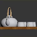 White Ceramic Tea Set with Bamboo Handle and Six Cups on Wooden Tray