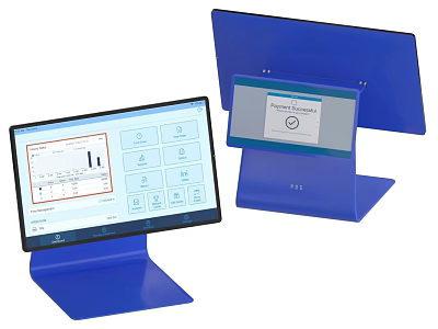 Blue Stand Mounted Commercial Touchscreen Devices With Charts Icons And 3d model