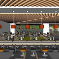Modern Restaurant Interior With Wooden Ceiling Red Pendant Lights Yellow Floor Area And Green Plants