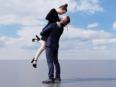 Romantic Couple Moment Man Lifting Woman In Suit And Black Dress Against Blue Sky 3d model