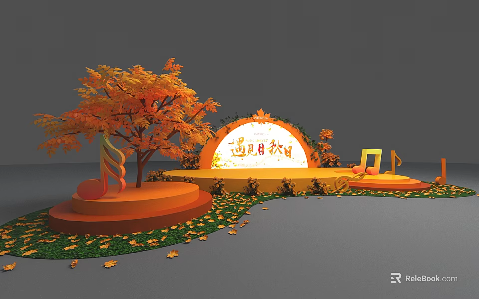 Autumn Themed Stage Scene With Arched Backdrop Orange Leaf Tree Fallen Leaves And Music Notes 3d model 
