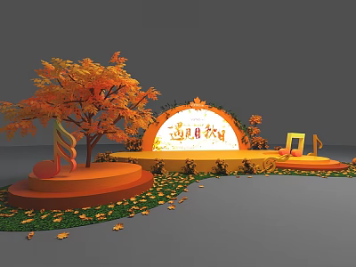 Autumn Themed Stage Scene With Arched Backdrop Orange Leaf Tree Fallen Leaves And Music Notes 3d model