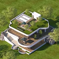 Modern Detached Villa With Large Glass Windows Balcony Trees Green Lawn And Rock Landscape
