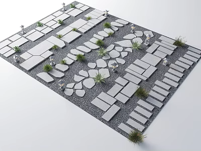Garden Stepping Stone Path Design With Various Shaped Stones Small Plants And Decorative Lamps 3d model