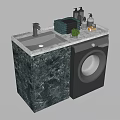Modern Bathroom Sink Vanity With Black Faucet Marble Countertop Washing Machine Toiletries And Small Plant