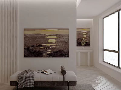 Modern Room Interior Featuring Large Landscape Painting Bed And Sunlight 3d model