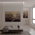Modern Room Interior Featuring Large Landscape Painting Bed And Sunlight