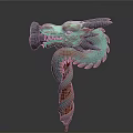 Mythical Dragon Head Weapon with Green Scales and Red Spiral Handle Design