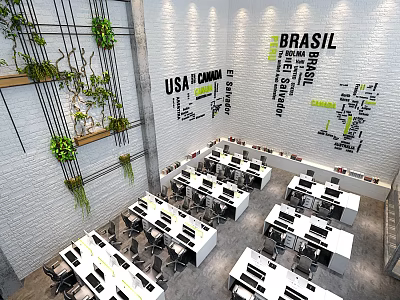 Modern Open Office Workspace With Green Plants Wall Art Country Names White Desks And Computers 3d model