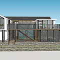 Modern Homestay Building With Stone Wall Glass Curtain Wooden Railings Outdoor Terrace And Green Plants